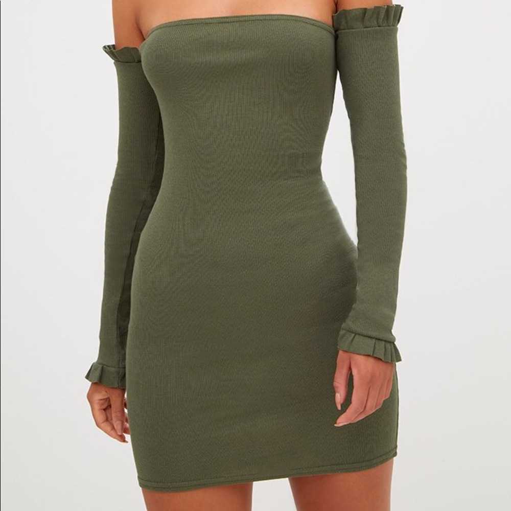 Olive Ribbed Frill BodyCon dress
